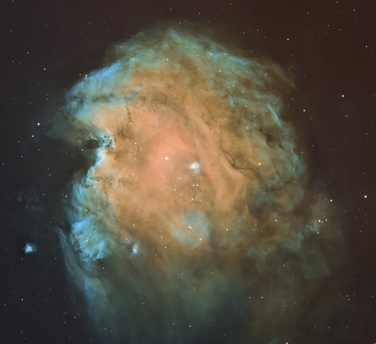 tombardier's tweet photo. Last night, I completed an acquisition started last month; the Monkey Head nebula, represented here in SHO.
This is 8 hours of data over two nights, the h-alpha being acquired nearly a month ago. #Zwo #ASI1600MM #Skywatcher 200P on an #EQ6-R Pro, #Kstars #Ekos #PixInsight https://t.co/8H2RryD5lA
