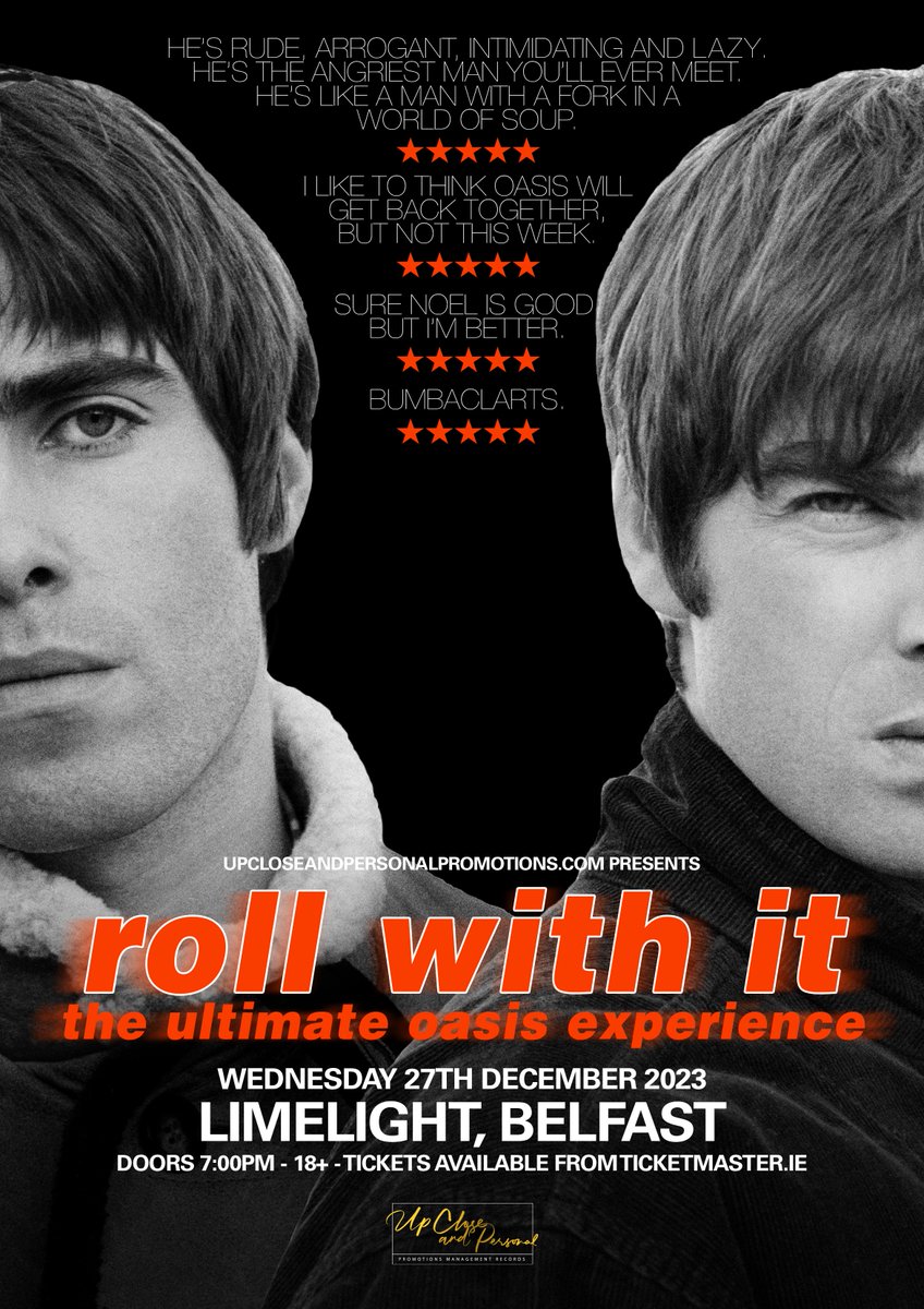 🎸 𝗝𝗨𝗦𝗧 𝗔𝗡𝗡𝗢𝗨𝗡𝗖𝗘𝗗 / 𝗪𝗜𝗡 𝗧𝗜𝗖𝗞𝗘𝗧𝗦: <a href="/rollwithitband/">Roll With It</a> - The Ultimate OASIS Experience at The Limelight on Wed 27th December! 

For a chance to win a pair of tix: 𝗥𝗘𝗧𝗪𝗘𝗘𝗧 &amp; 𝗧𝗔𝗚 𝗬𝗢𝗨𝗥 +𝟭 👩🏼‍🤝‍👩🏽

🎫 Tickets on sale Fri at 9am via ticketmaster.ie