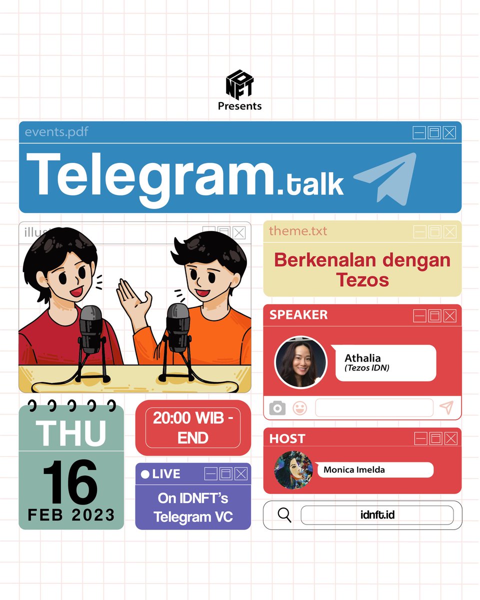 idnft_'s tweet photo. GM Fams👋
We are back with
🚨TELEGRAM TALK🚨
With the topic “Berkenalan dengan Tezos”!
Hosted by @LinImelda and
Our speaker @TezosIDN 🤩
🗓 Thursday, 16 February 2023
🕗 20:00 WIB
📍Telegram IDNFT
See you fams!
#IDNFT #NFT #TelegramTalk https://t.co/EbTshutr9m