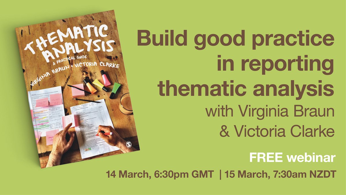 SagePsychology's tweet photo. (1/4) You asked for it -- and here it is! Join @GinnyBraun &amp; @DrVicClarke for another free SAGE Psychology webinar: "Build good practice in reporting thematic analysis" #TalkingTA

14 Mar, 6:30pm GMT | 15 Mar, 7:30am NZDT
Get your spot here: https://t.co/G0om7IAh2k https://t.co/rzzSfaWBaR