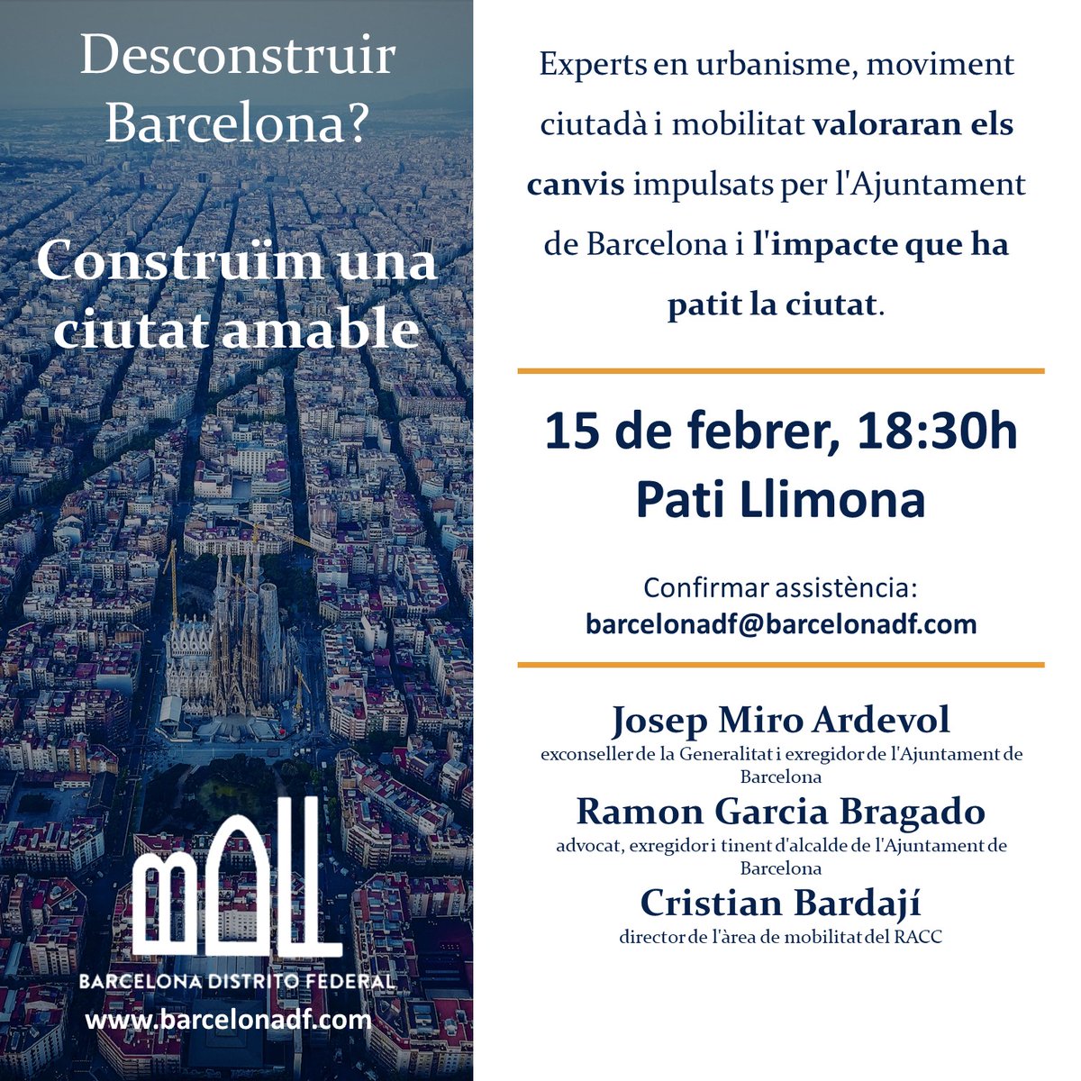 Barcelona_DF's tweet photo. Desconstruir Barcelona? Construïm una ciutat amable

📆15 de febrer, 18:30h
📍Pati Llimona
Confirmar assistència: barcelonadf@barcelonadf.com

Experts en urbanisme i mobilitat valoraran els canvis fets per l'Ajuntament de Barcelona i l'impacte que ha patit la ciutat  #PlaCerda https://t.co/YZcfibWaHN