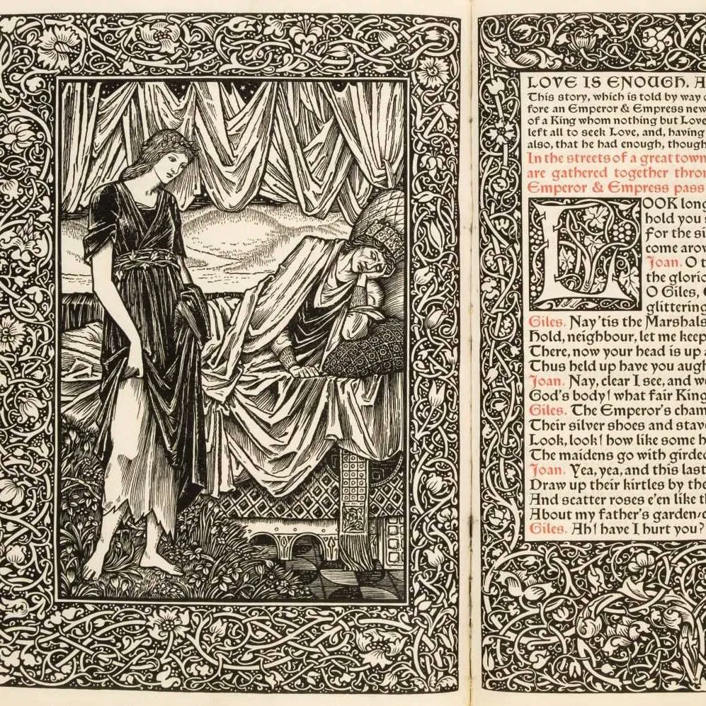 WmMorrisSocUK's tweet photo. The William Morris Society Youth Forum recently used Morris' poems from hi work Love is Enough as inspiration to explore queerness in the Arts &amp; Crafts Movement and in their own work. Swipe to see one of the members experience and interpretation! https://t.co/65yUodOeki