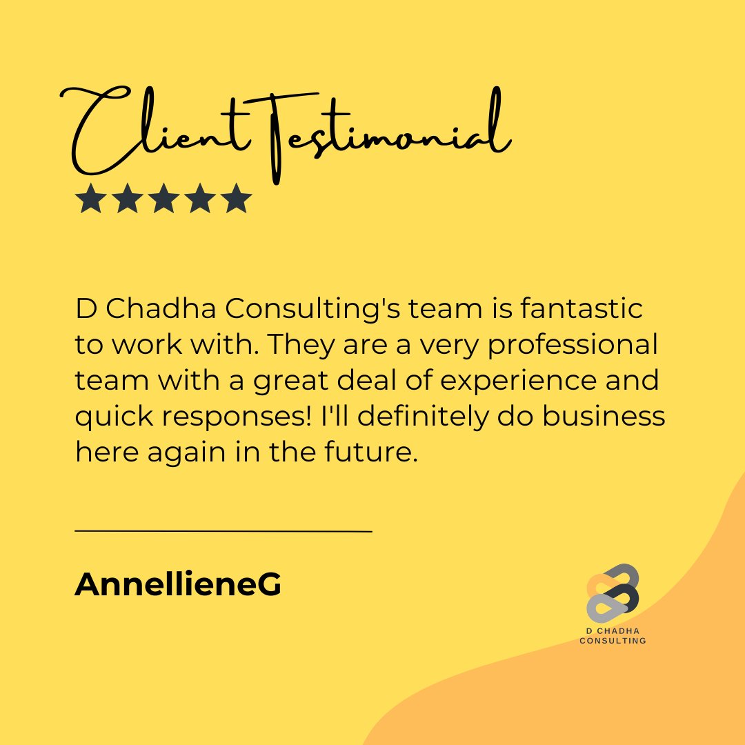 DChadhaLtd's tweet image. Thank you for the positive review! ✨ 

We&apos;re glad to have been of service and hope to continue doing so in the future. Your business is valuable to us and we appreciate your confidence in our abilities. ❤️ 

#dchadhaconsulting #feedback #fivestarreview #review #fivestar