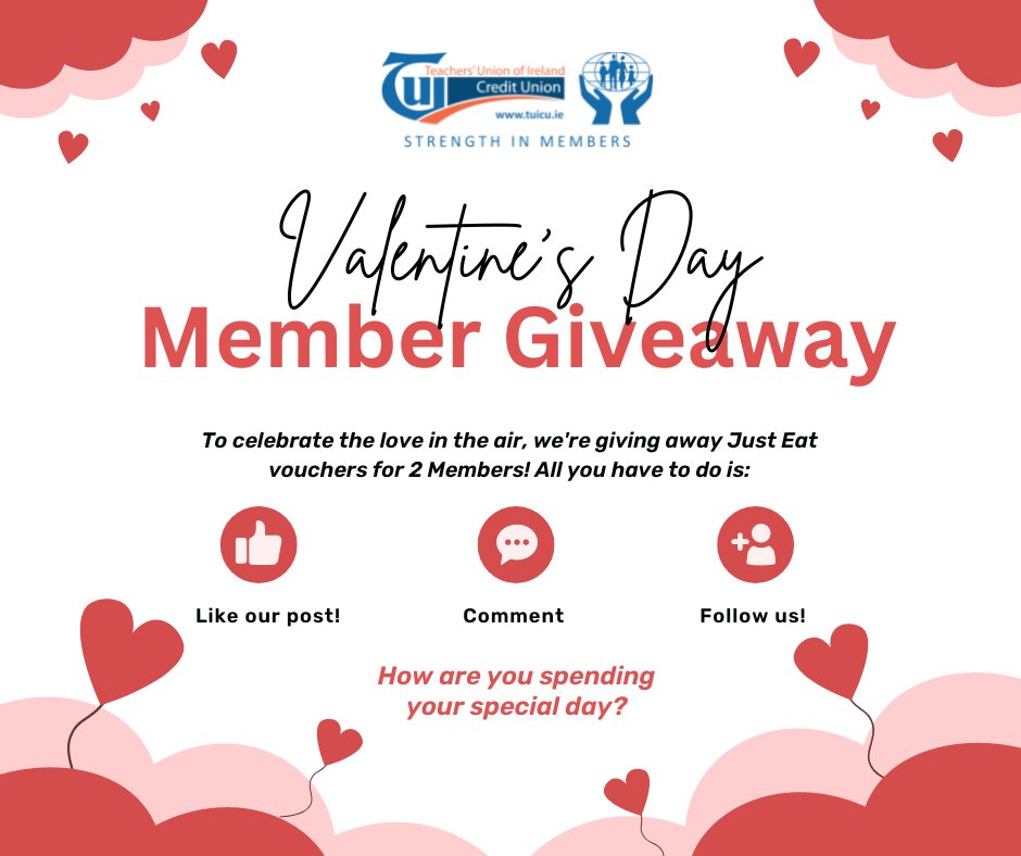 TUICreditUnion's tweet photo. Tell us how YOU are spending this special day and get a chance to win JustEat vouchers from TUICU!😍

To win:
💟 Like our post!
💟 Comment what's your plan for the special day.
💟 Follow us to join in for future giveaways!

#tuicu #2023 #strengthinmembers #valentinesday #giveaway https://t.co/N8cQBVQ2uT