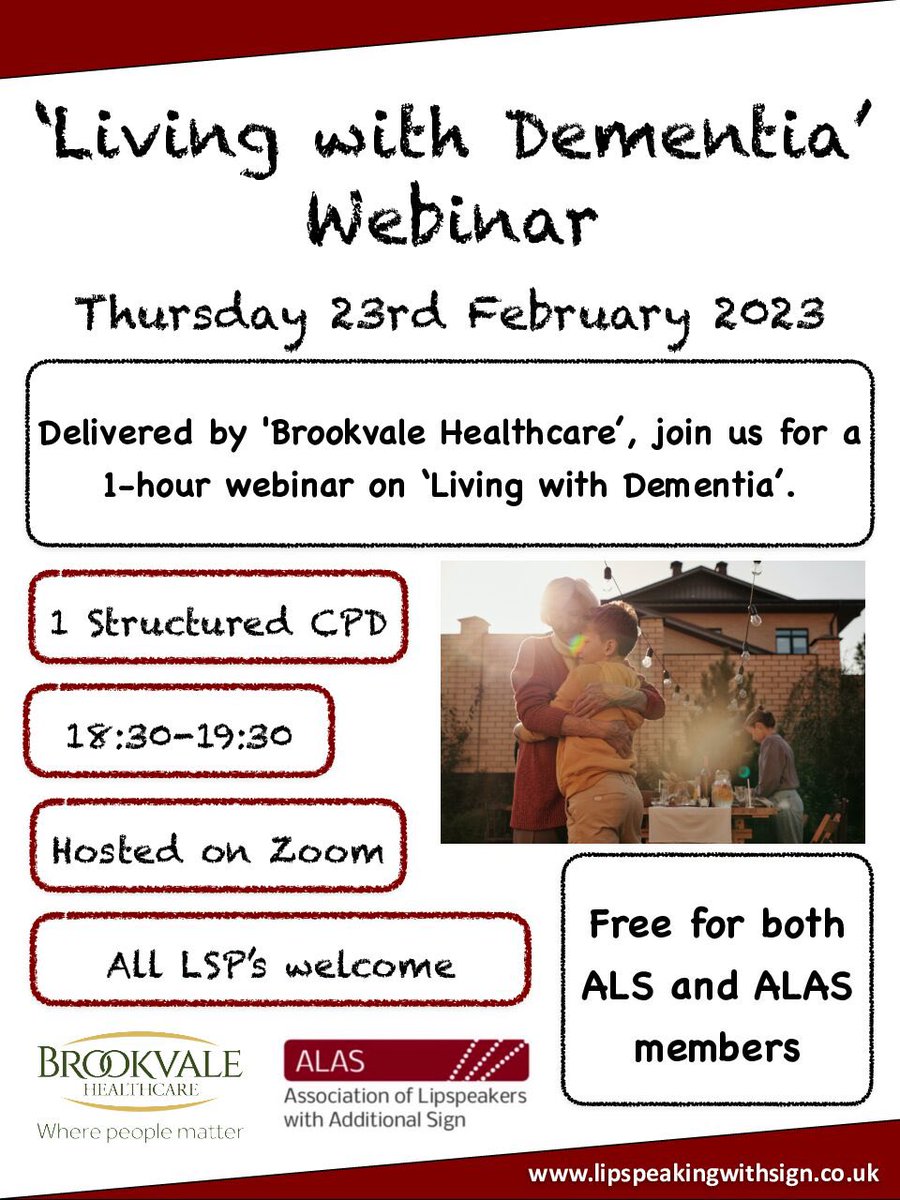 ALAS_lips's tweet photo. Just over a week until our ‘Living with Dementia’ webinar, delivered by ‘Brookvale Healthcare’.

This webinar is FREE for both @ALSLips and ALAS members. All other LSP’s are welcome for just £5pp.

Book your place today: https://t.co/Tpd0bJRlOB

#CPD #Development #Awareness https://t.co/EsRysZ1NEj