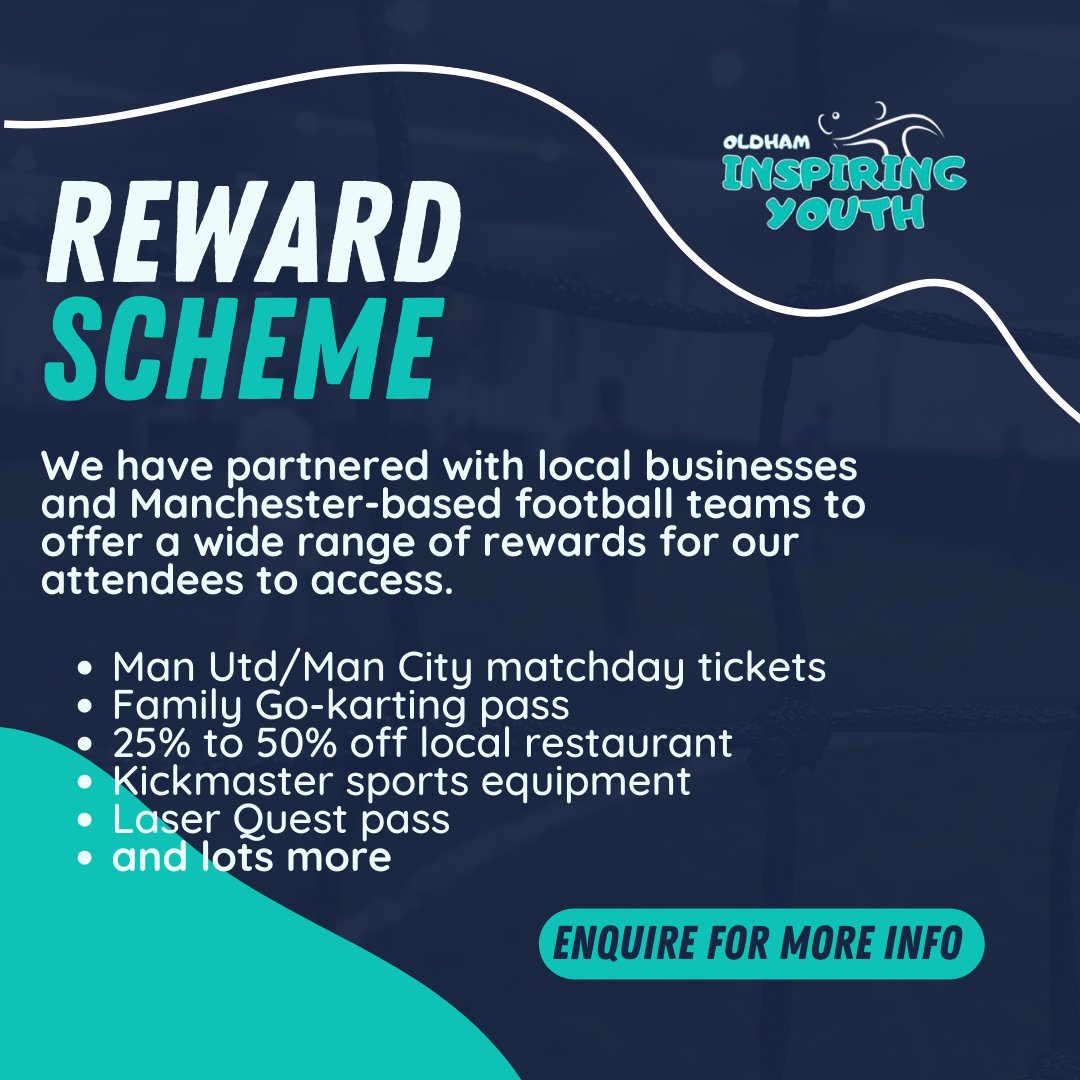 Every child who attended our community provision was given a 'reward card' with fantastic prices waiting the monthly winner🏆 

Prizes include:
Man Utd/Man City football tickets 
Go-karting tickets 
And lots more. 

➡ inspiringyouth.pembee.app 
➡ oldhaminspiringyouth.org