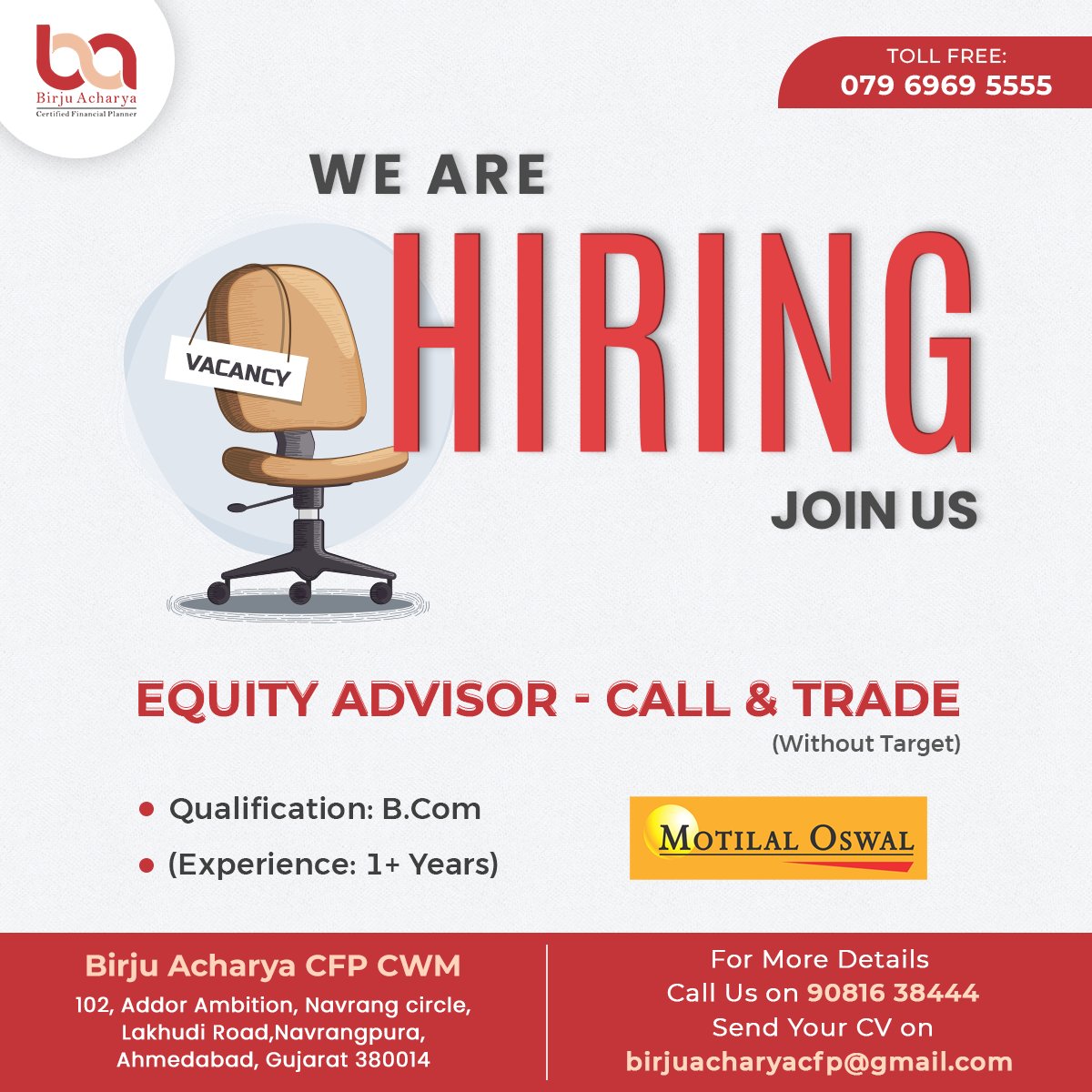 BirjuAcharyaCFP's tweet photo. We are inviting applications for the position of Equity Advisor
Share Your CV: birjuacharyacfp@gmail.com
#worklifebalance #career #jobseeker #jobvacancy #jobalerts #jobs #BirjuAcharya #motilaloswal #onlinetrading #sharetrading #EquityAdvisor #callandtrade #hiring #wearehiring https://t.co/qs1wkU5TV1