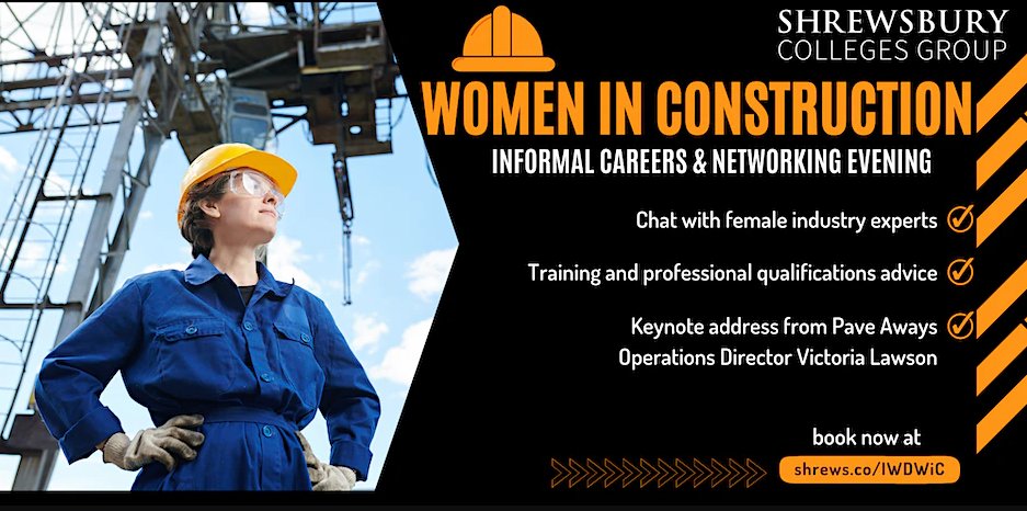 Women in Construction Network Evening 8th March 6.00pm - 8.00pm @ Origins Restaurant
@ShrewsColGroup. Book a space here eventbrite.co.uk/e/women-in-con…