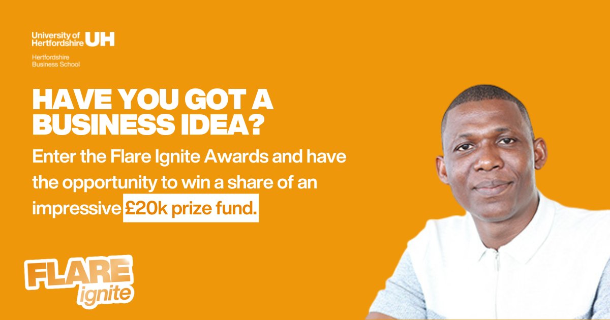 Do you have a brilliant business idea? Why not apply for <a href="/UniofHerts/">University of Hertfordshire</a> enterprise ideas challenge, Flare Ignite. 

This annual competition gives Herts students and alumni entrepreneurial support and training to bring your business ideas to life: ow.ly/vlFk50MIK8Z
