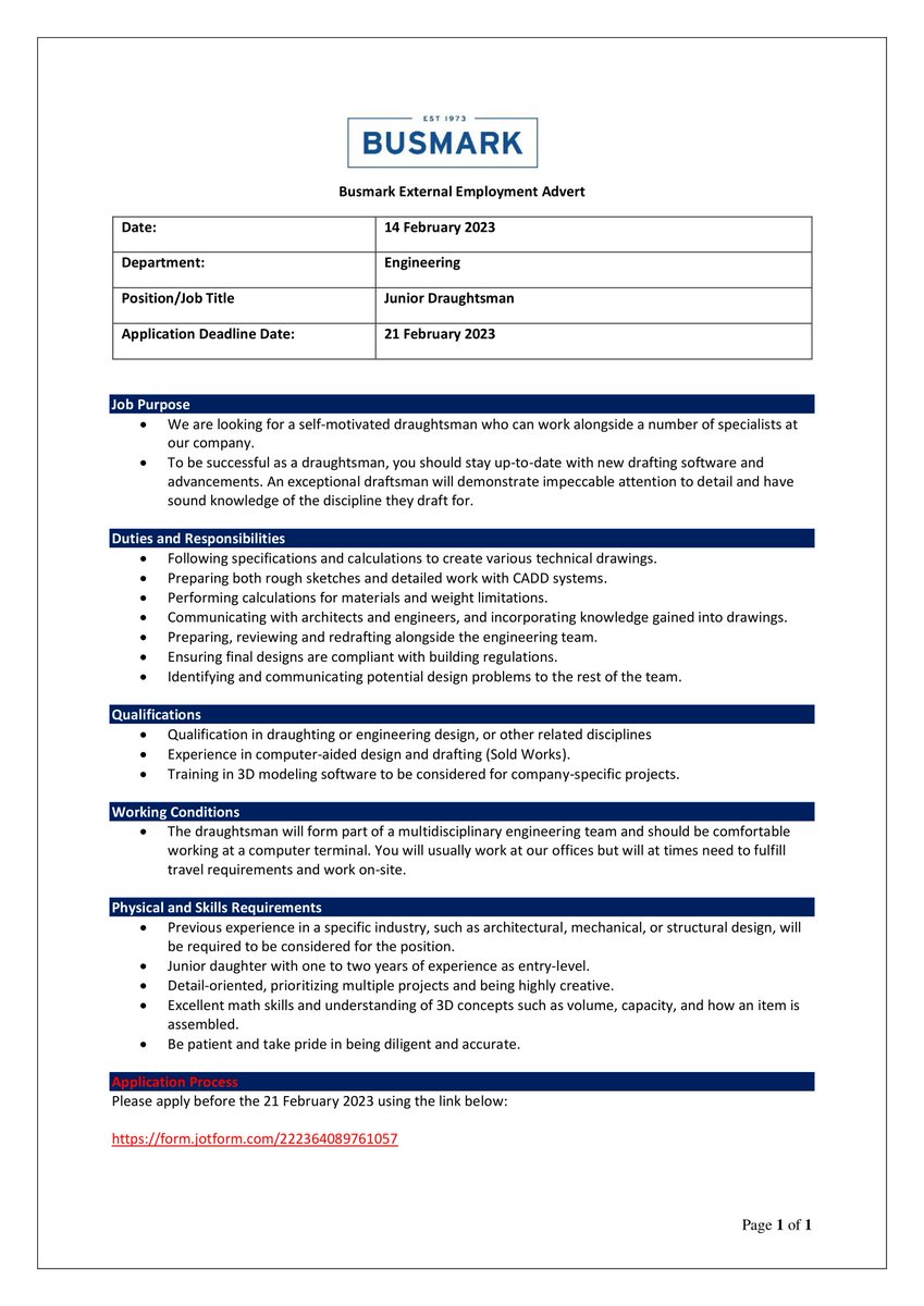 BusmarkGroup's tweet photo. VACANCY ALERT!

We are looking for a Junior Draughtsman, are You the one or do you know someone who is looking to join our team?

Seize the opportunity by applying on the link below:
https://t.co/VS0UUDNpsx

#busmarkjobs #careers #hiring #HIRINGNOW https://t.co/waGlNfxaRS