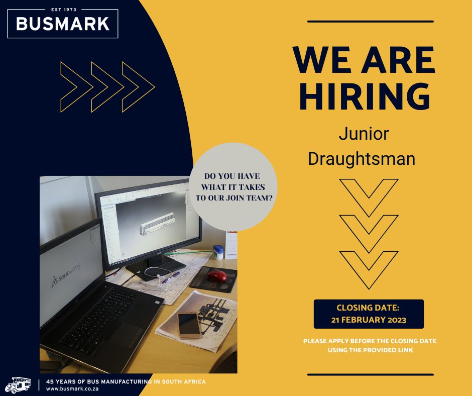 BusmarkGroup's tweet photo. VACANCY ALERT!

We are looking for a Junior Draughtsman, are You the one or do you know someone who is looking to join our team?

Seize the opportunity by applying on the link below:
https://t.co/VS0UUDNpsx

#busmarkjobs #careers #hiring #HIRINGNOW https://t.co/waGlNfxaRS