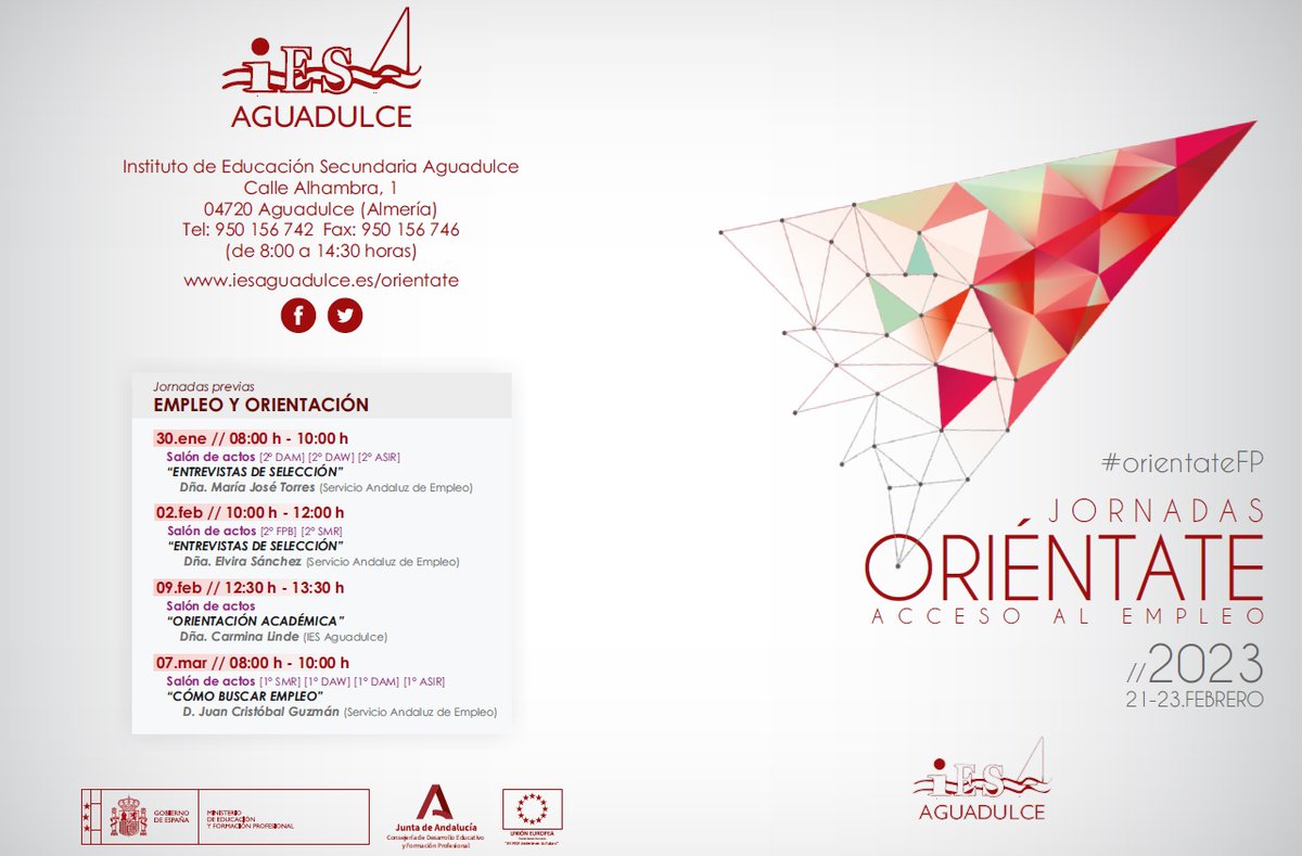 IESaguadulce's tweet photo. Desde el @iesaguadulce os presentamos el programa de las Jornadas Oriéntate FP
@EducaAnd @eduKalmeria @FPAndaluza @GrupoCosentino @Twenix @CodertyStudio @Hiberus @DIGITAL55_ @AlboradaIT @NavionTruck @viewnext @CLAVEi noaestudio @Farmacias_com @LinkuTechnology World,Pc Las marinas https://t.co/eOJTJY2aCW
