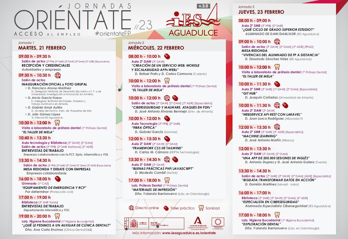IESaguadulce's tweet photo. Desde el @iesaguadulce os presentamos el programa de las Jornadas Oriéntate FP
@EducaAnd @eduKalmeria @FPAndaluza @GrupoCosentino @Twenix @CodertyStudio @Hiberus @DIGITAL55_ @AlboradaIT @NavionTruck @viewnext @CLAVEi noaestudio @Farmacias_com @LinkuTechnology World,Pc Las marinas https://t.co/eOJTJY2aCW