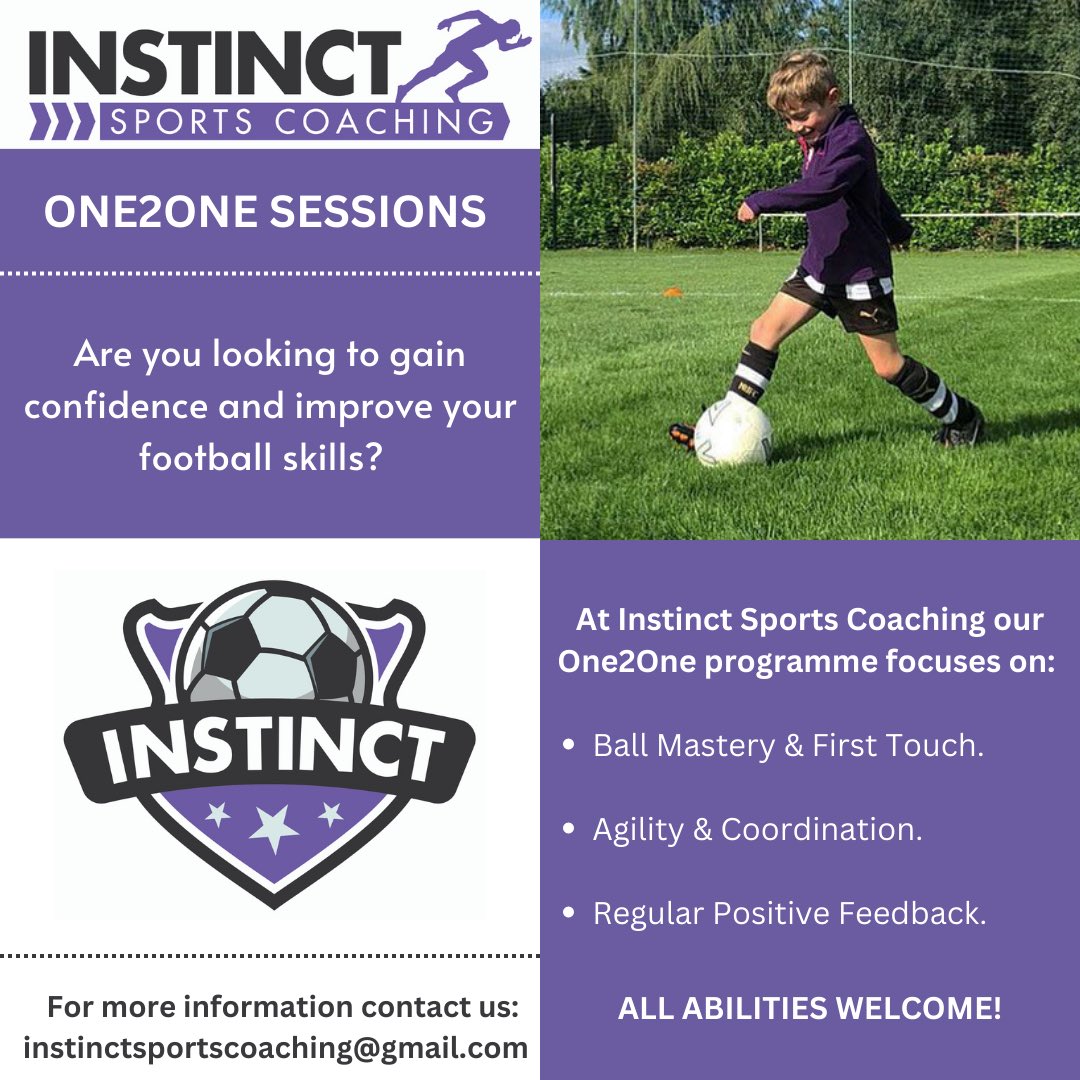 1nstinctsports's tweet photo. One2One Sessions⚽️

🌟With lighter nights fast approaching we now have a number of One2One coaching opportunities available throughout the week. 

💜 These sessions are open to all abilities and can be tailored to suit the needs of each player! https://t.co/7Hf8cRrT31