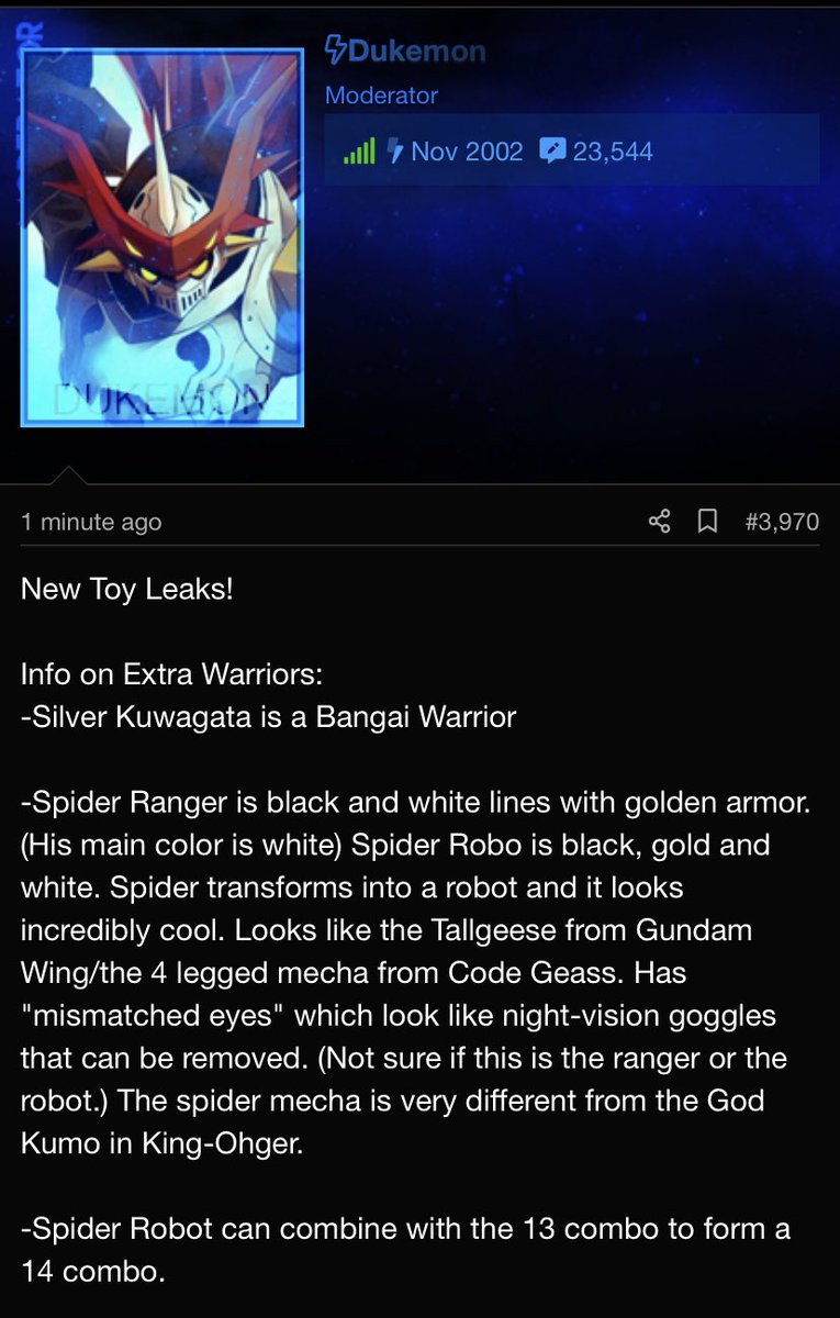 TLSavage6's tweet photo. #KingOhger #Sentai2023
Quarter 2 leaks for King-Ohger.
I'M FINALLY GETTING A WHITE SIXTH!!!!
Seems that the purple spider we heard about was changed into a white spider. Their weapons are still purple too. https://t.co/GmlRRxBwDN