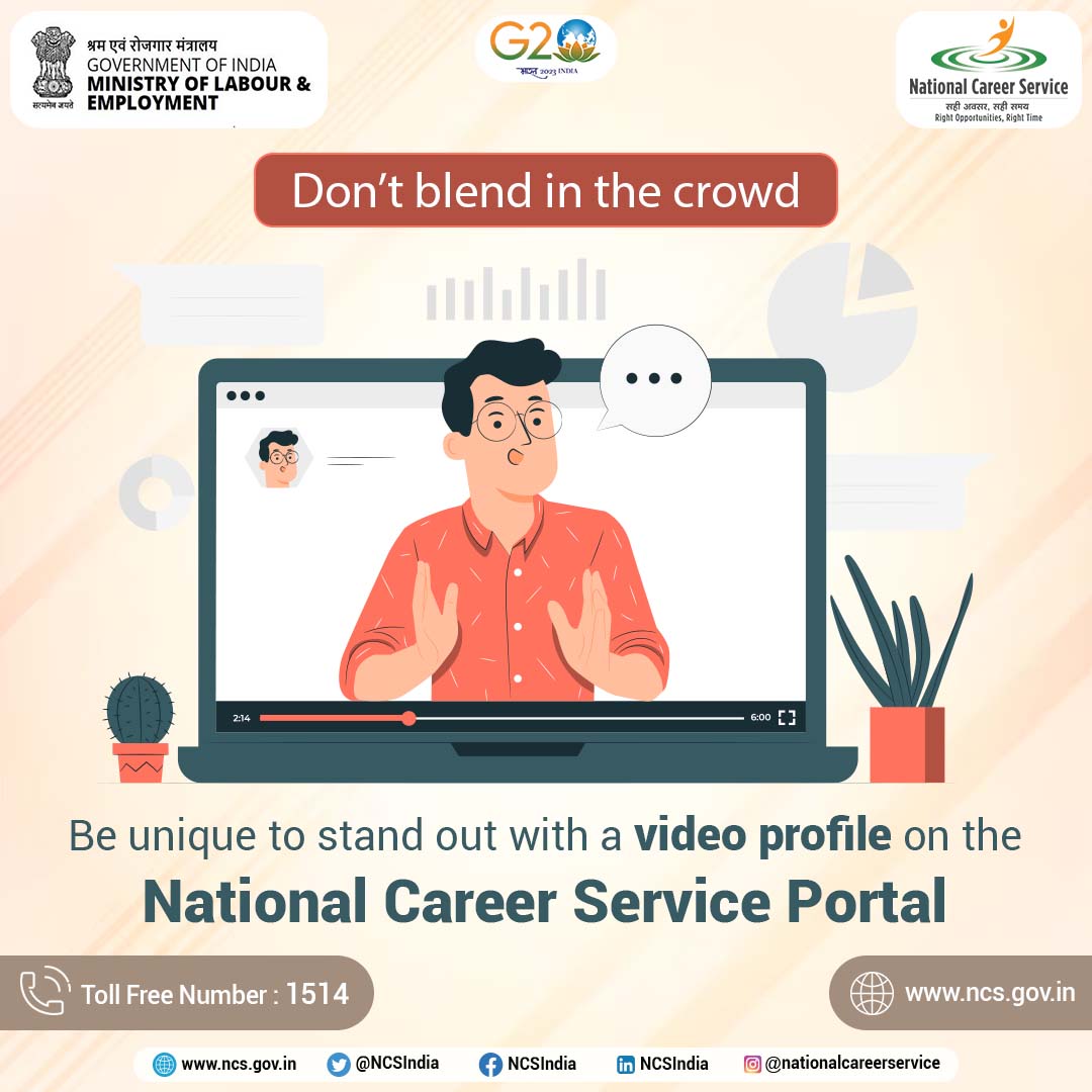 NCSIndia's tweet photo. Stand out and showcase your skills through a video profile to employers on the National Career Service portal.
Register today at https://t.co/CzfOtPr53a
#NCSIndia #nationalcareerservice #MoLEIndia #jobs #jobsearch #jobsindia #videoprofile #careerskills #vacancy #upskill https://t.co/9tOx6vS5Mf