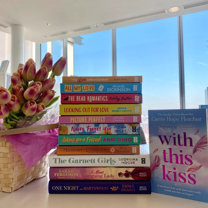 Image shows the books: With This Kiss, One Night in Hartswood, A Most Intriguing Lady, The Garnett Girls, Midnight in Everwood, Asking for a Friend, Never Forget You, Picture Perfect, Looking Out for Love, The Dead Romantics, All My Love and The Love Arrangement.