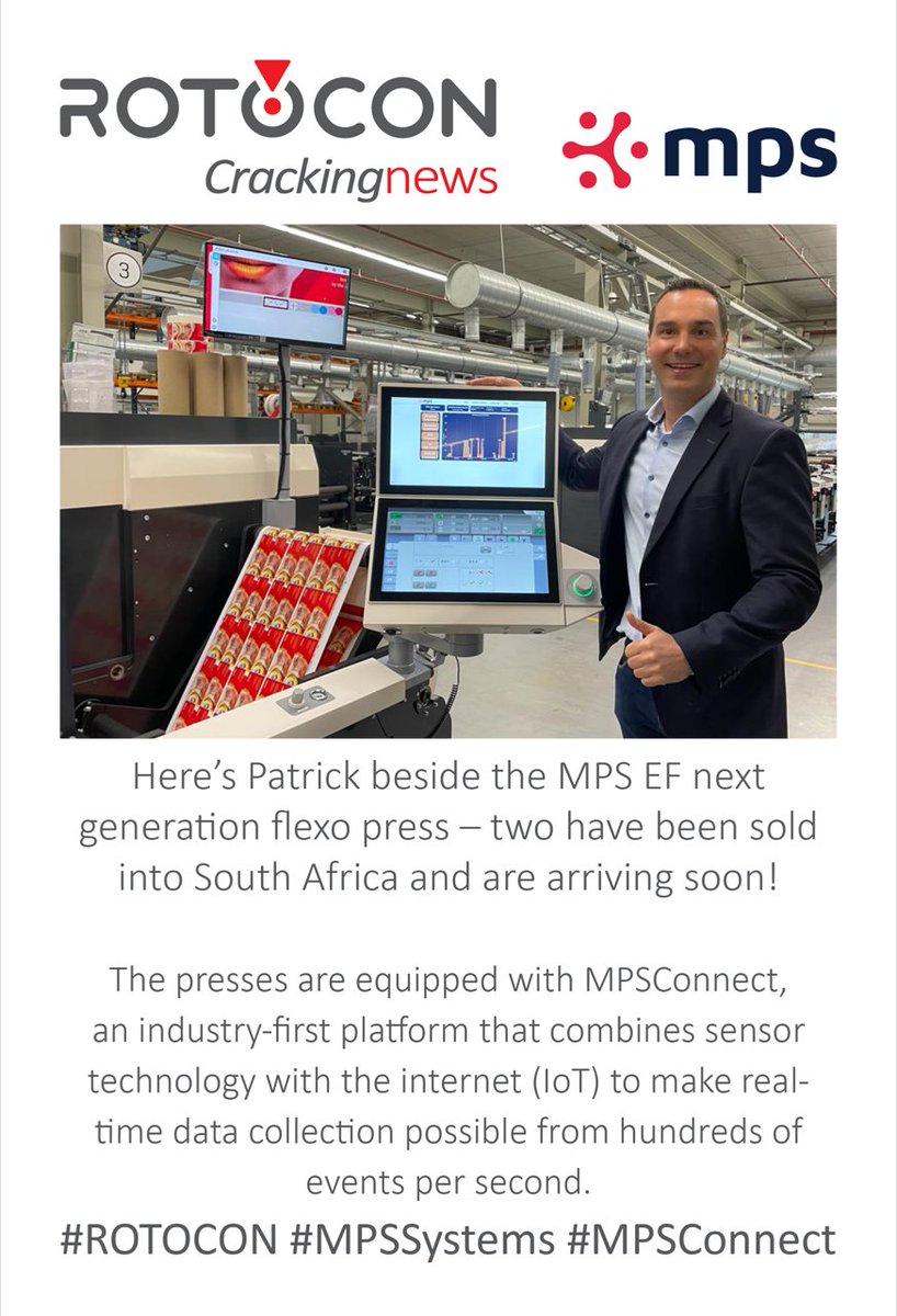ROTOCON_'s tweet photo. Here’s Patrick beside the MPS EF next generation flexo press – two have been SOLD into South Africa and are arriving soon! 🙌

#ROTOCON MPS Systems B.V. #MPSConnect https://t.co/6jnJyytWJO