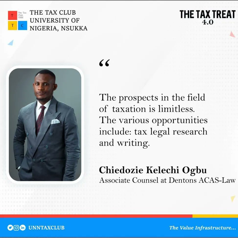 Unntaxclub's tweet photo. Nuggets from Chiedozie Kelechi Ogbu in the just concluded Tax Treat 4.0
Thank you Sir, for such an insightful session ๐ซ
#taxclub
#ttcunn
#taxtreat
#valueinfrastructure
#Finance https://t.co/kQe1CbCWSK