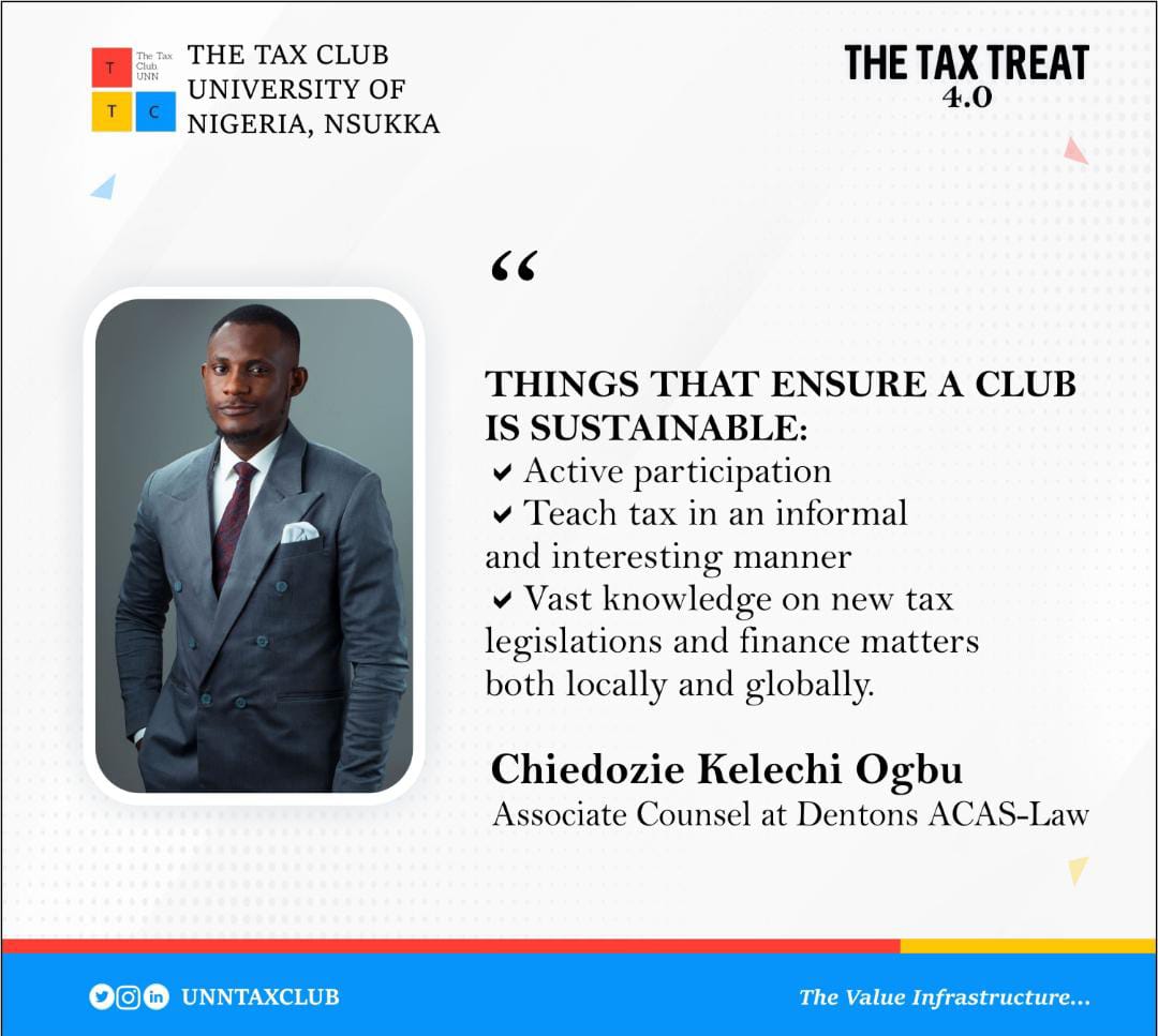 Unntaxclub's tweet photo. Nuggets from Chiedozie Kelechi Ogbu in the just concluded Tax Treat 4.0
Thank you Sir, for such an insightful session ๐ซ
#taxclub
#ttcunn
#taxtreat
#valueinfrastructure
#Finance https://t.co/kQe1CbCWSK