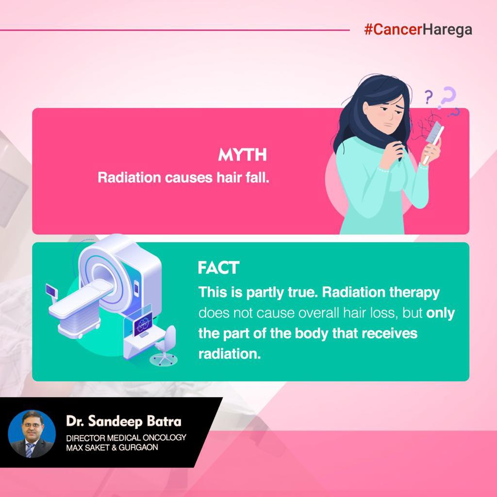 YOURONCOLOGIST's tweet photo. Don't believe the myth! Radiation therapy may cause hair loss in the treated area, but it does not result in a general hair fall. Stay informed and take control of your health journey.

#myths #facts #radiationtherapy #mythsvsfacts #hairfall #CancerHarega #DrSandeepBatra https://t.co/CyLSHcs9HL