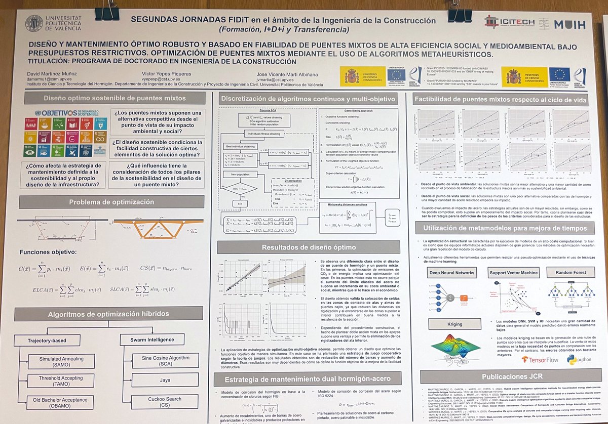 MuihUPVOficial's tweet photo. 👨‍🎓 David Martínez, alumno del Doctorado en Ingeniería de la Construcción, presenta su proyecto “Diseño y mantenimiento óptimo robusto y basado en fiabilidad de puentes mixtos de alta eficiencia social y medioambiental bajo presupuestos restrictivos”.

#JornadasFIDiT2 https://t.co/BsDnLRwPE9