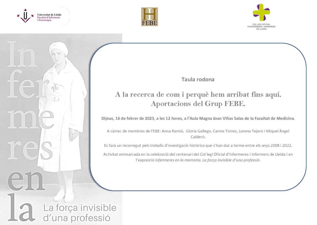 InfLleidaCOILL's tweet photo. #16Febrer #TaulaRodona #CentenariCOILL โA la recerca de com i per quรจ hem arribat fins aquรญ. Aportacions del #GrupFEBEโ
Us hi esperem!
โค๏ธ #INFERMERESdeLLEIDA #100anysdecura
Recordeu, รบltima setmana per visitar lโexposiciรณ Infermeres en la Memรฒria https://t.co/MgsCCPzOMK https://t.co/9fHIwl6YBQ