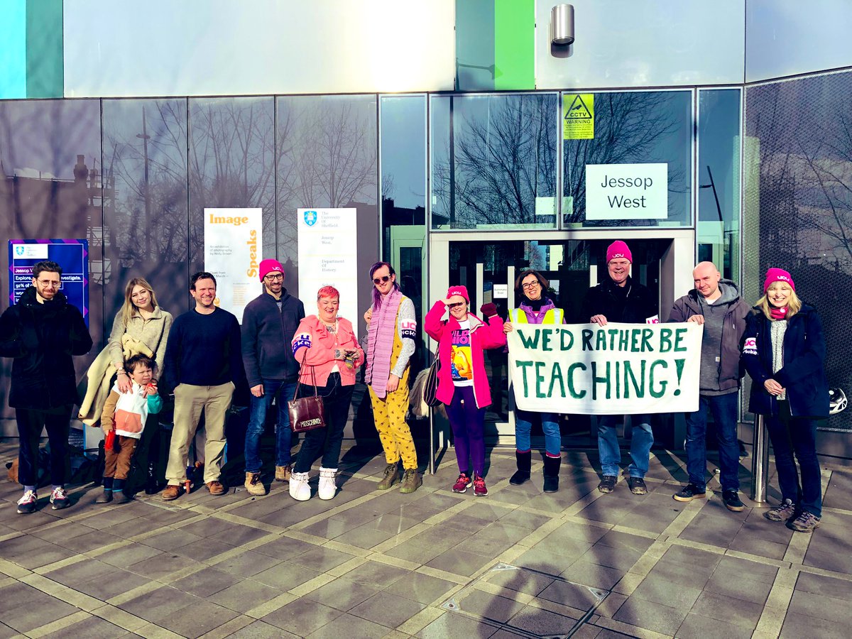 zenscara's tweet photo. Just some of the solid @sheffielducu pickets - Regent Court, Diamond, Jessop West, Hicks “Hicket”complete with #WhippetOnAPicket! 

Solidarity, sunshine, and steely determination all around 🪧☀️💕

#ucuRISING #UCUstrike #UCUstrikes @ucu @UCUYorksHumber https://t.co/Hpg83Lj2j3