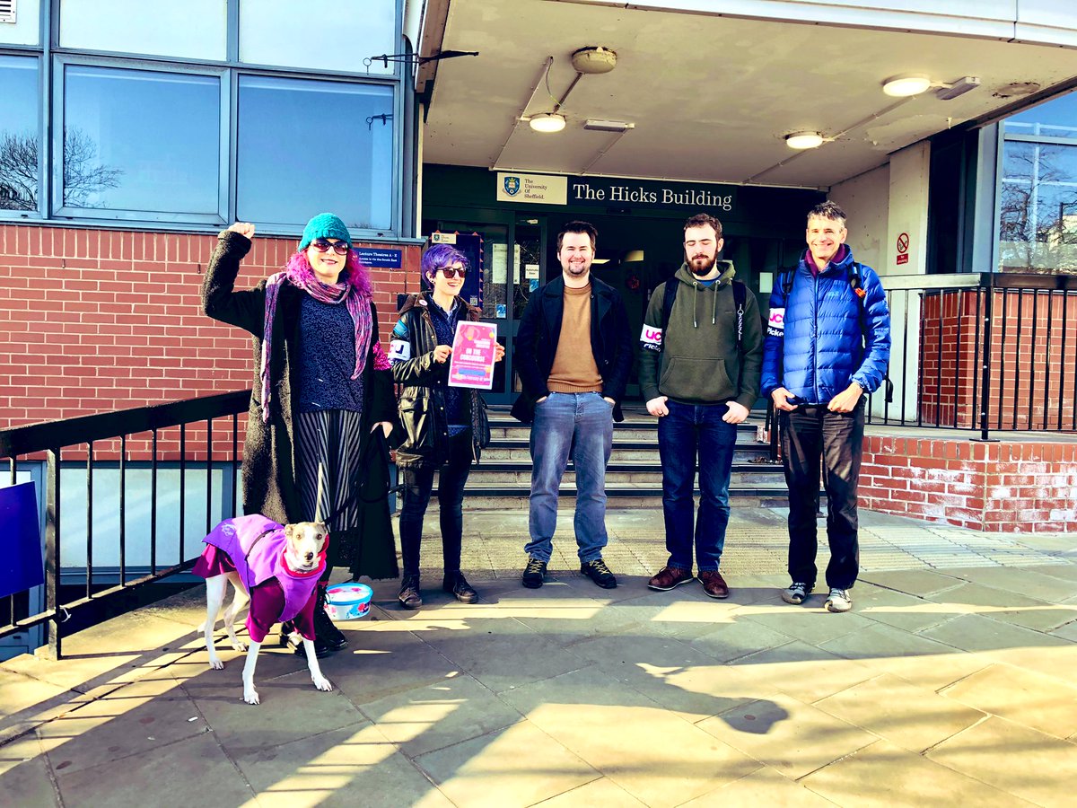 zenscara's tweet photo. Just some of the solid @sheffielducu pickets - Regent Court, Diamond, Jessop West, Hicks “Hicket”complete with #WhippetOnAPicket! 

Solidarity, sunshine, and steely determination all around 🪧☀️💕

#ucuRISING #UCUstrike #UCUstrikes @ucu @UCUYorksHumber https://t.co/Hpg83Lj2j3
