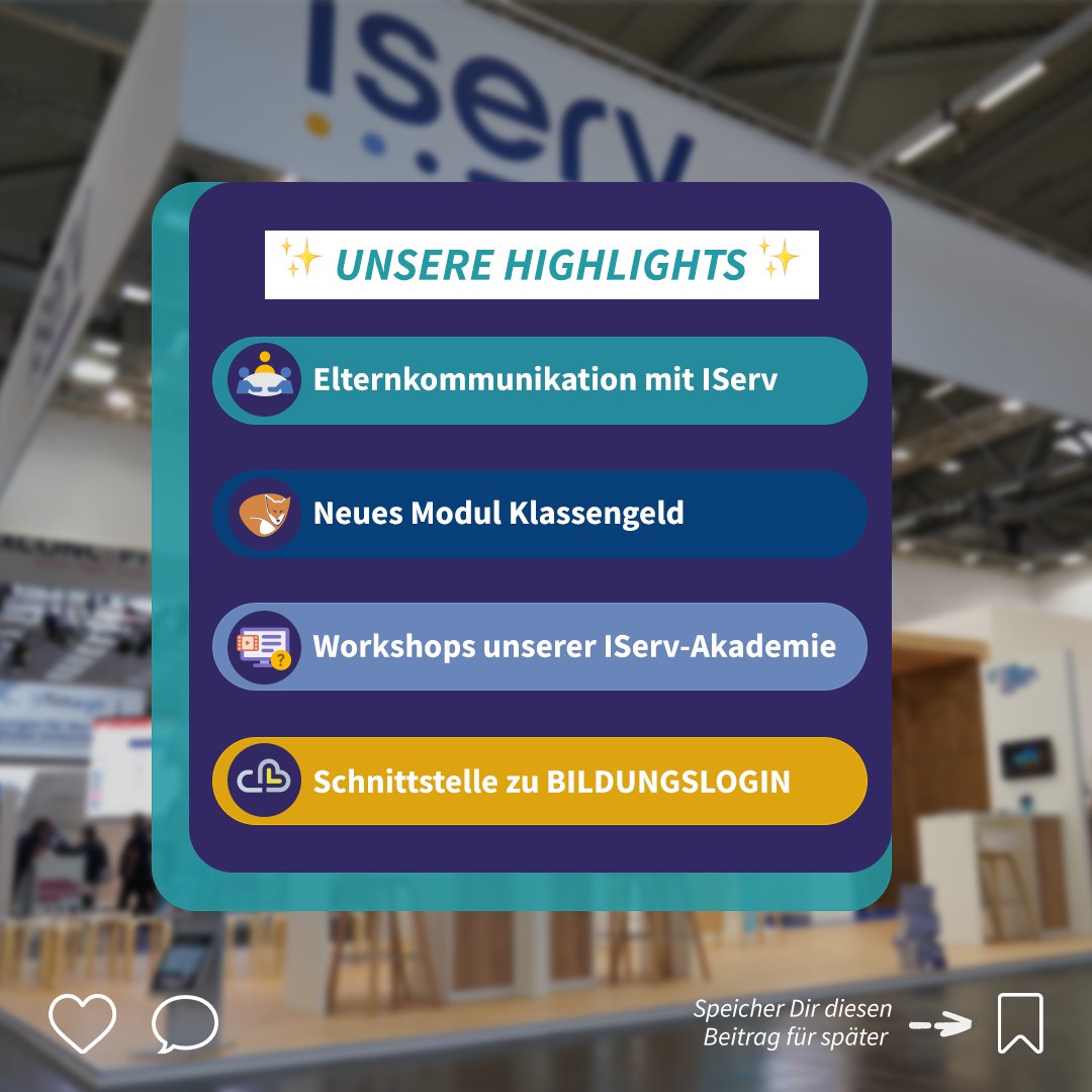 IServGmbH's tweet photo. Du möchtest Bildung live erleben? Dann auf zur didacta!
📆 7. – 11.03.2023
📍@Messe_Stuttgart, Halle 1, Stand 1H31
👉 Unsere Highlights: #Elternkommunikation mit IServ, neues Modul Klassengeld der @infin_de, IServ-Akademie Workshops, Schnittstelle zu BILDUNGSLOGIN &amp; Neues zum IDM https://t.co/uqbck7gcIM