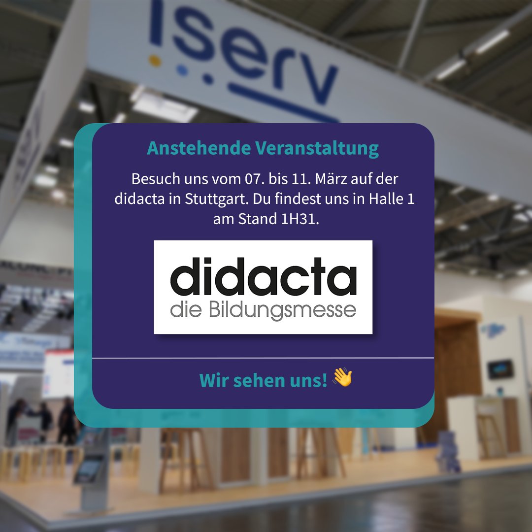 IServGmbH's tweet photo. Du möchtest Bildung live erleben? Dann auf zur didacta!
📆 7. – 11.03.2023
📍@Messe_Stuttgart, Halle 1, Stand 1H31
👉 Unsere Highlights: #Elternkommunikation mit IServ, neues Modul Klassengeld der @infin_de, IServ-Akademie Workshops, Schnittstelle zu BILDUNGSLOGIN &amp; Neues zum IDM https://t.co/uqbck7gcIM