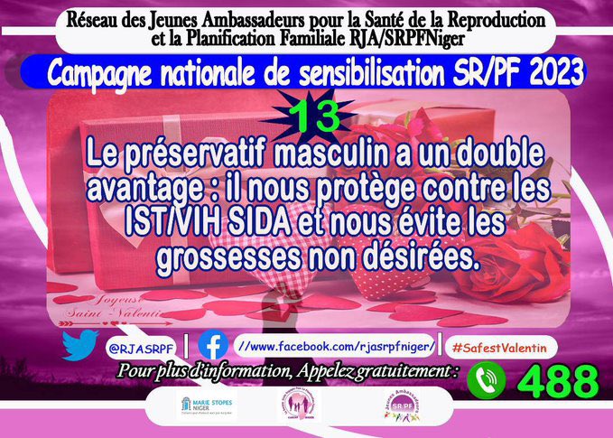 IBRAHIMSAYABOU7's tweet photo. Le préservatif masculin a un double avantage . il nous protège contre les
(IST/VIH SIDA) et nous évite les grossesses non désirées.
#SafeStValentin
#MSINiger
@RJASRPFNiger
@CoalitionAu @ALLIANCEJASRPF @MSP_Niger @MSIchoices @POuagaPF @UNFPA @MissBa @DrIlliassou @IssoufaHarou https://t.co/qgpaRUvKWx