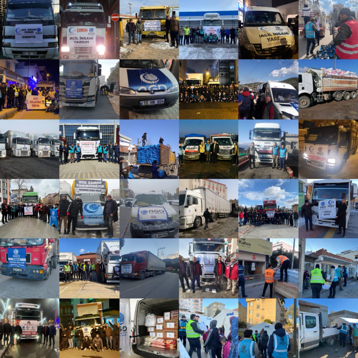 Bu gördüğünüz araçlar ve yüzlercesi sadece içerisinde kömür,gıda,temel ihtiyaç maddesi,kıyafet taşımıyorlar.Ayrıca necip milletimizin umutlarını,sevgi ve kardeşlik bağlarını da omuzlarına yük alıp yola çıktılar.Tüm Teşkilatlarımız,kardeşlerinin yanında! 
#deprem Türkiye Tek Yürek