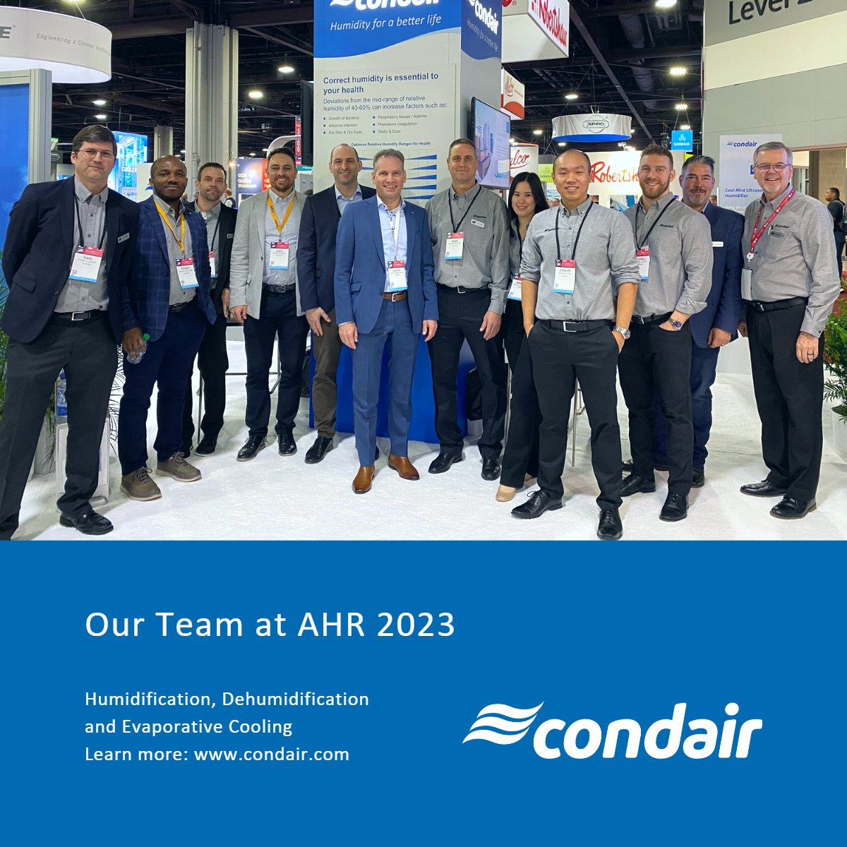 CondairUSACA's tweet photo. Here’s to our amazing team—in-booth and in supporting roles—that helped us make the most of our experience at @ahrexpo last week!

We are grateful for the opportunity to engage with you on the topic of ‘Humidity for a better life’

#HumidityForABetterLife #Condair #Team #40to60RH https://t.co/d4u125ufqK