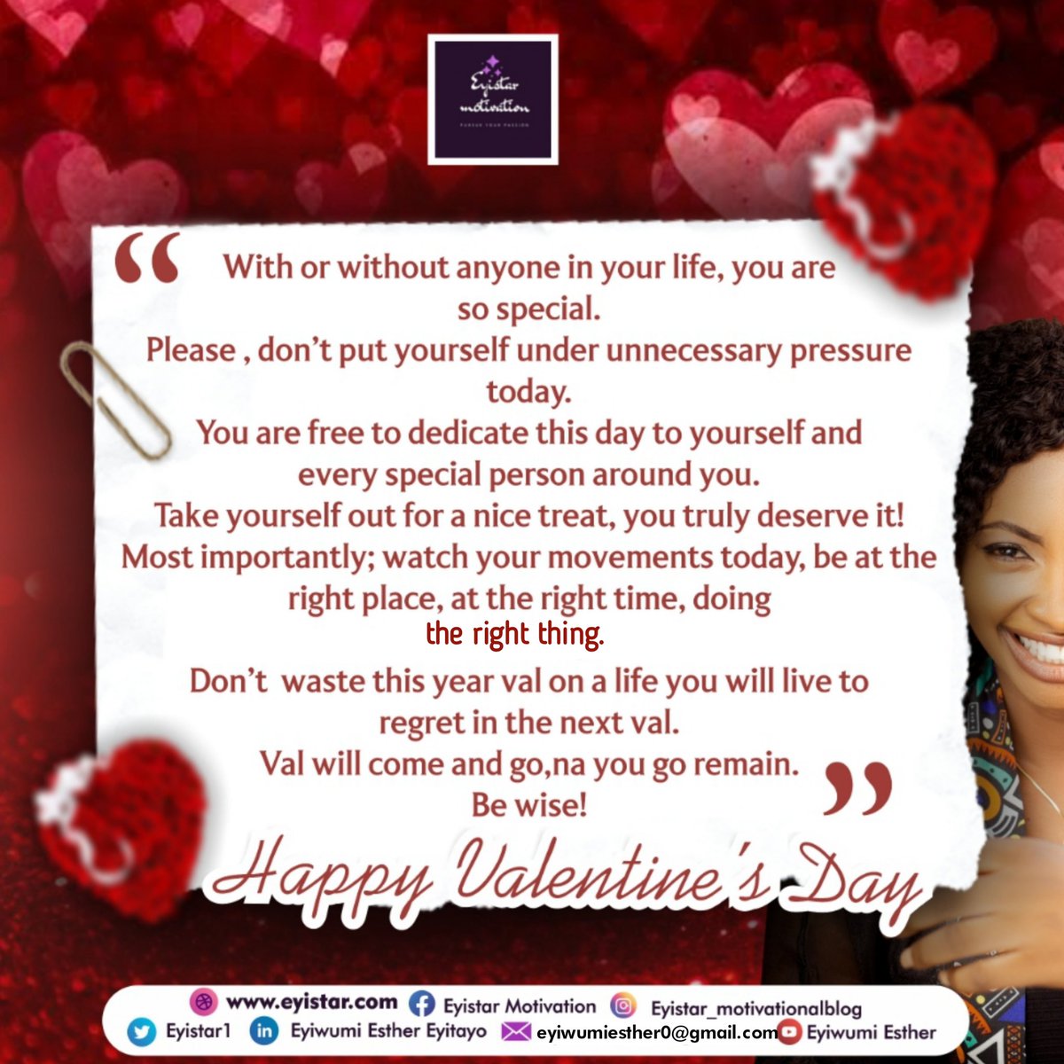 The_EyistarBlog's tweet photo. Happy Val dear friend.🥰 
I wish you a lovely and reasonable Valentine celebration. Remember, you are valuable!❤️💯  

Val will come and go, na you go remain. Be wise!👌🏼✨
 
Love always, The_Eyistar.💝

#Valentine2023 #Feb14 #eyistar #happyvalentinesday https://t.co/SHFsqKYx8v
