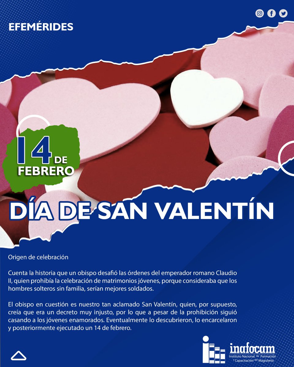 INAFOCAMRD's tweet photo. El día más celebrado por familias, amigos y parejas, hoy 14 de febrero, Día de San Valentín, una fecha especial para muchos, donde se resalta la importancia del amor y que, pese a la creencia de su origen comercial, viene de mucho antes.

#SomosInafocam #Inafocamrd #SanValentin https://t.co/KVgALmCKci