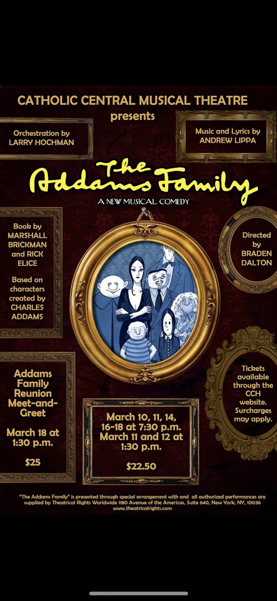 We are LIVE! Tickets for this year’s production of The Addams Family are now available! To purchase tickets, click on the link on the CCH homepage for a list of performances. 24 days until Opening Night! #hs4 <a href="/cchschool/">Catholic Central</a>