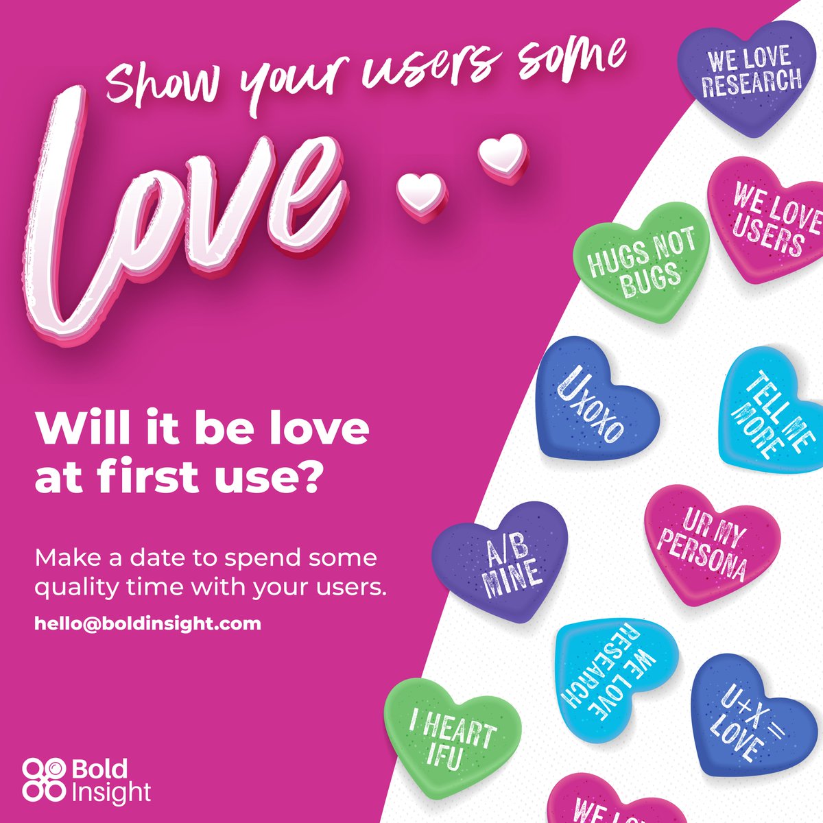 bold_insight's tweet photo. This ❤️Valentine's day❤️, make a date with your favorite UX research team to answer these questions and many more! #loveatfirstuse https://t.co/hQxActa4bV