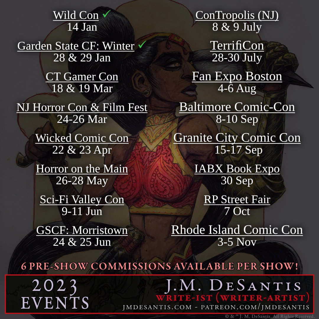 jmdesantis's tweet photo. I think I've lost my f**king mind...
Updated list, and it's only February. More surprises could be coming.
#artist #writer #author #comiccon #creator #comics #books #art #commissions #artistschedule #writerevent #horrorconvention https://t.co/sM6gxlAOEk