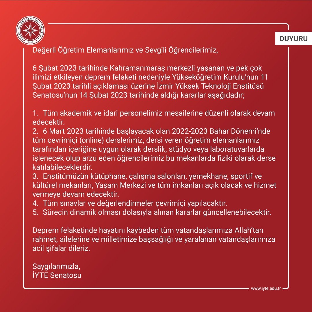 uniteroru's tweet photo. İzmir Yüksek Teknoloji Enstitüsü bahar döneminde derslere isteğe bağlı olarak yüz yüze veya #uzaktan olarak girilebileceğine, sınavların ise #uzaktan yapılacağına karar verdi. https://t.co/NLrdlKtvro