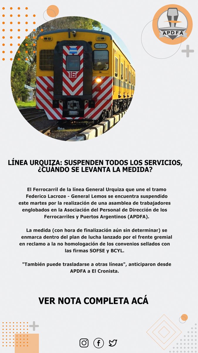 apdfanacional's tweet photo. Línea Urquiza: suspenden todos los servicios, ¿cuándo se levanta la medida? 
NOTA COMPLETA: https://t.co/kLtwiqMsDn
@MindeTransporte 
 @MinTrabajoAR 
 @DamiContrerasOk 
@CATT_Prensa 
 @danyvispo1905 
 @MarceloMuchi 
 
#APDFA #sindicato #ferroviarios #LineaUrquiza https://t.co/DbYsnRjjiu