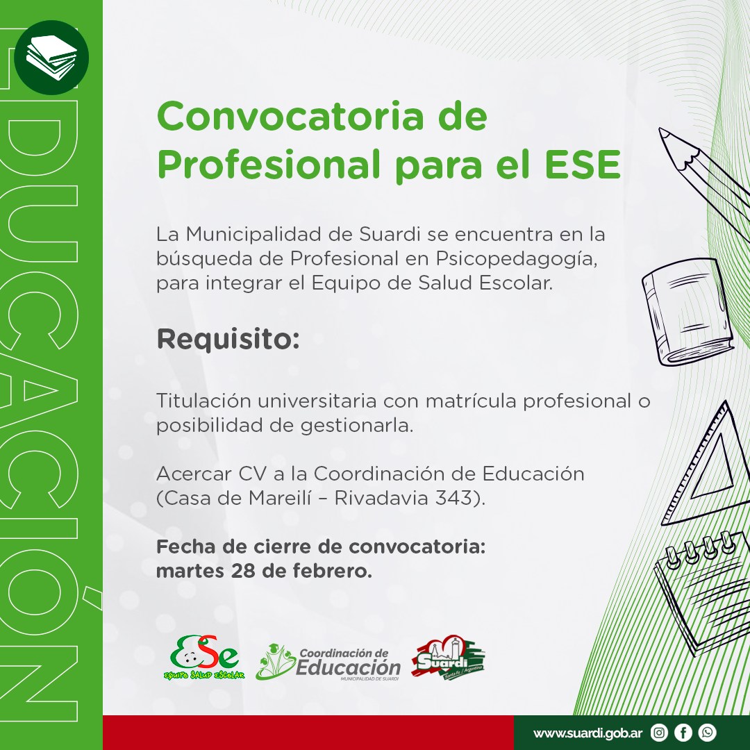 MunicipioSuardi's tweet photo. 📣 Convocatoria de Profesional para el ESE

La Municipalidad de Suardi se encuentra en la búsqueda de Profesional en Psicopedagogía, para integrar el Equipo de Salud Escolar. https://t.co/QONH1Nat6b