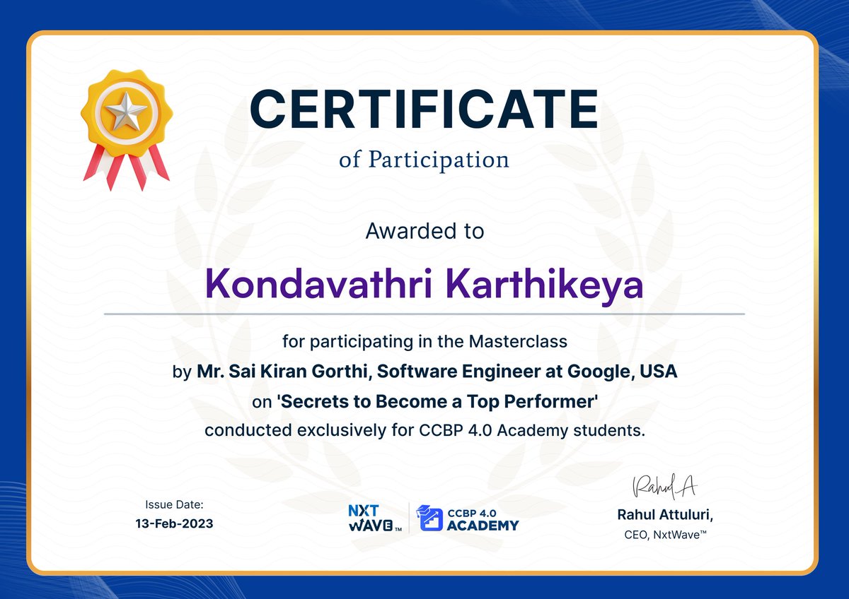 Certificate of Participation - A Google Engineer's secrets - #podcast  

#thankyou  @nxtwave_tech 

cdn1.ccbp.in/misc/Academy-E…

#google #googledevelopers #softwaredeveloper #python #nevergiveup #waytozero #ccbp #successmindset #success