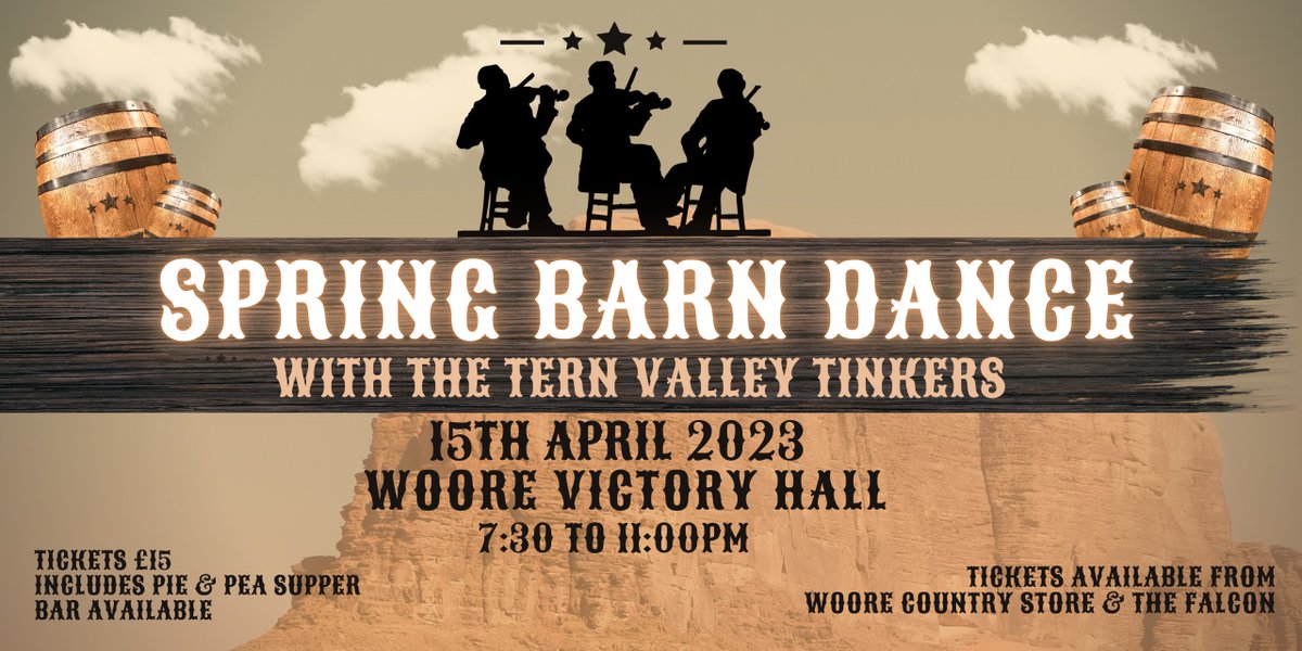 Spring Barn Dance

Saturday 15th April 730 - 11.00pm

Dancing to The Tern Valley Tinkers the Shropshire Ceilidh Band

Pie and Pea supper                  Bar available

Tickets £15.00    available from Woore Country Store and The Falcon