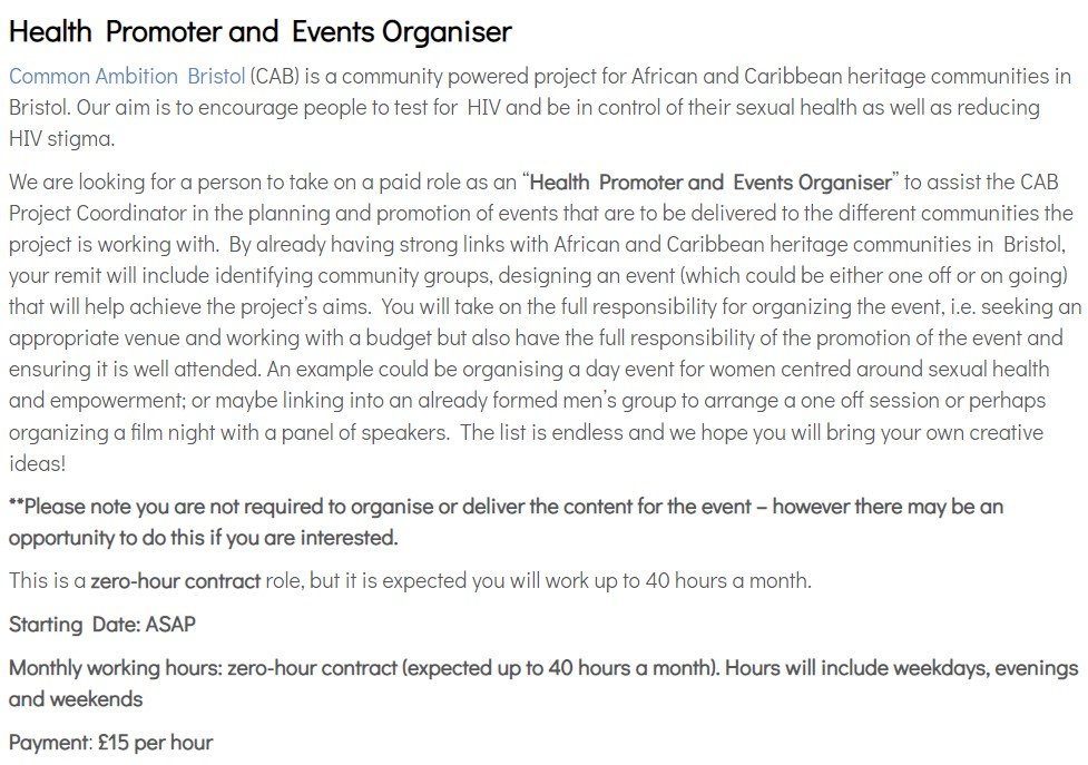 SHIPSexHealth's tweet photo. ➡️ Enjoy organising events? 
➡️ Interested in sexual health?
➡️ A member of a #Bristol African or Caribbean heritage community?

@BrigstoweInfo are recruiting a Health Promoter/Events Organiser to work on @BristolCommon project tackling #HIV inequality
➡️https://t.co/ujKsawGLVG https://t.co/Hynzmy5SMH