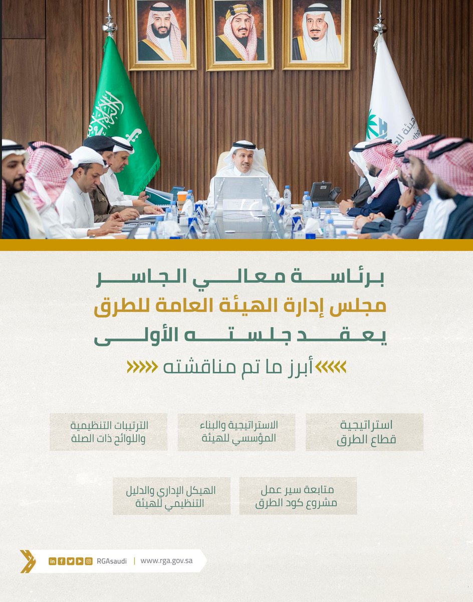 RGAsaudi's tweet photo. برئاسة معالي وزير النقل والخدمات اللوجستية رئيس مجلس إدارة الهيئة العامة للطرق @SalehAlJasser عقدت الهيئة اجتماعها الأول لمجلس الإدارة، وناقش المجلس عدداً من المواضيع المتعلقة بأدوار وأعمال الهيئة.

#الهيئة_العامة_للطرق https://t.co/X6lveQLt5F