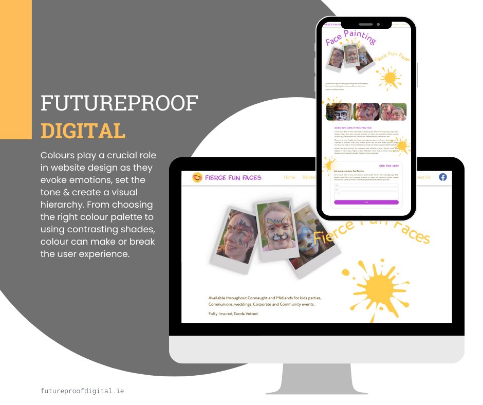 FPDIreland's tweet photo. Our client Fierce Fun Faces needed a fun, party style as a children's entertainment service. Reflecting their face painting service we used splashes of paint in the design element. #webdesign #colourdesign #smallbusinessireland #branding #KidsParties #KidsEntertainment https://t.co/mUS1I1IW8T