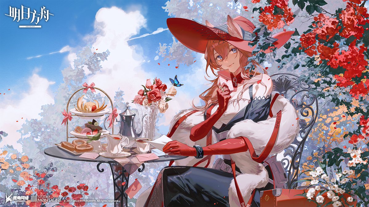 1girl solo red gloves tiered tray flower red headwear blue eyes  illustration images