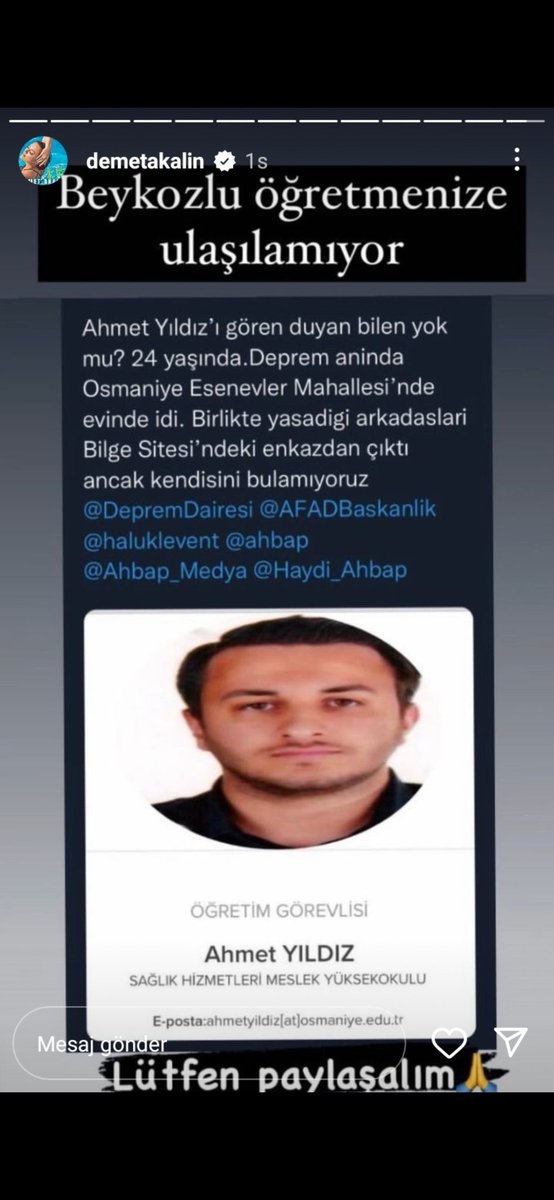 selossscuk's tweet image. Yetkili kişiler sesimizi duyurun lütfen!!
Ahmet Yıldız'a ulaşamıyoruz kayıp!!!
Osmaniye esenevler mahallesi hasan çenet caddesi Bilge sitesi 
Lütfen yayın yardım edin.
#volkandemirel 
#ahbap
#AFAT 
#babalatv 
#OguzhanUgur 
#afaddabizimahbabda 
#depremzede
#HalukLevent