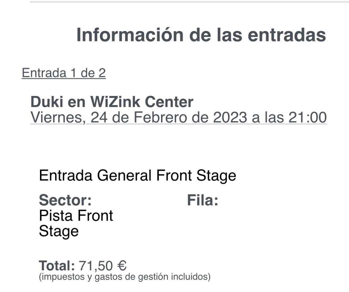 alongfdez's tweet photo. Vendo 2 entradas Duki Mad 24 feb front-stage a precio original 71€ ⚠️✌️
#duki  > Bizum https://t.co/OJyINXqLG0
